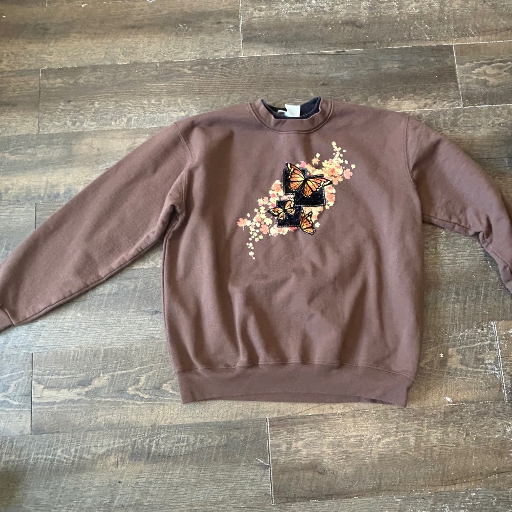 Vintage Country Store Butterfly Embroidery Crewneck Sweatshirt Brown Large